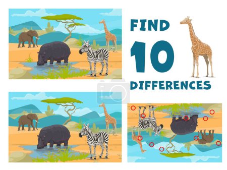 Illustration for Find ten differences. African savannah cartoon animals. Children objects comparing game, kids difference search vector riddle or child matching quiz with Africa fauna elephant, hippo, zebra, giraffe - Royalty Free Image