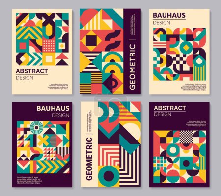 Illustration for Geometric Bauhaus posters and abstract patterns. Artwork modernism composition on corporate identity posters, business presentation page vector template with Bauhaus geometrical shapes or pattern - Royalty Free Image