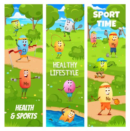 Illustration for Sports and health, cartoon vitamin and mineral sportsman characters on fitness, vector banners. Funny potassium swimming and chlorine on jogging run with sodium playing basketball with micronutrients - Royalty Free Image