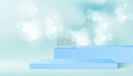 Ilustración de Podio azul con fondo de burbujas de jabón y bokeh, plataforma de visualización de productos vectoriales. Estudio podio o mostrar pedestal con bengalas de luz y burbujas de jabón para soporte de exhibición de productos o escaparate - Imagen libre de derechos
