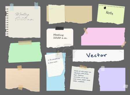 Illustration for Paper notes, stickers, sticky sheet and tape or memo notepad posts, blank vector. Paper message notes, page notices on board, notebook adhesive stickers for to do list list of torn ripped paper notes - Royalty Free Image