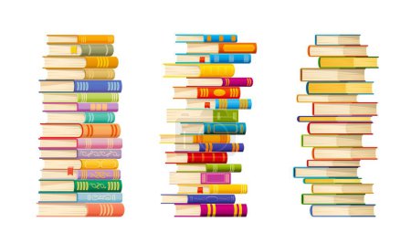 Illustration for High books stacks and piles. Vector school library books, student textbooks, dictionaries and encyclopedias piles. Bookstore bestsellers, color hardcover novels and poetry literature heaps, education - Royalty Free Image