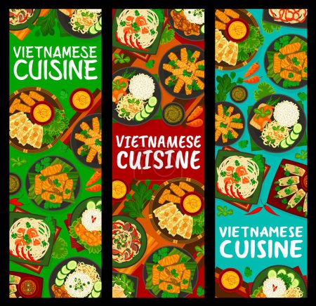 Illustration for Vietnamese cuisine meals vertical banners. Fresh shrimp, pork and beef spring rolls, wheat noodles with prawns, beef and chicken noodles and caramelized pork, rice with shrimps, fish in tomato sauce - Royalty Free Image