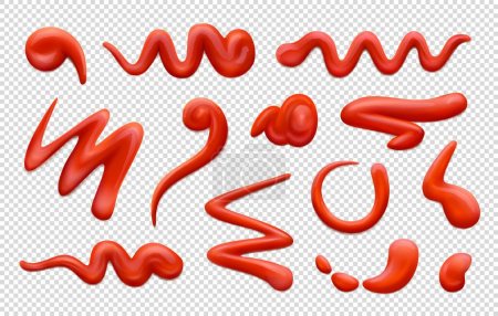 Illustration for Ketchup sauce stains and splashes. Tomato hot sauce, red paint or ketchup isolated vector smudges. Spicy gravy paste, BBQ chili condiment realistic strokes, swirl splat, spill stripes set - Royalty Free Image