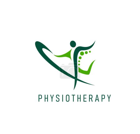 Illustration for Physiotherapy icon of body health, physical therapy, back pain and spine massage treatment. Vector human silhouette doing rehabilitation and recovery exercises, physiotherapist or chiropractor emblem - Royalty Free Image