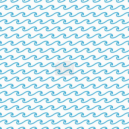 Téléchargez les illustrations : Mer et océan vagues bleu motif sans couture. Conception créative vectorielle dans un style nautique simple pour le textile, papier d'emballage ou décoration en tissu. Lignes d'écoulement fluviales horizontales, ornement ondulé répété - en licence libre de droit