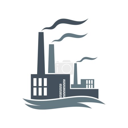 Illustration for Factory, industrial plant or power station icon. Vector building of chemical or energy industry with smoke, chimneys and pipes. Electricity production, gas and oil refinery plant or factory building - Royalty Free Image