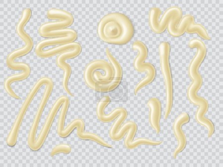 Illustration for Mayonnaise drops, spills and splashes, stains, smears and spatter. Mayonnaise sauce, paint, cream or yogurt realistic vector spill wavy lines, swirls set. Mayo or dairy product isolated drops, stains - Royalty Free Image