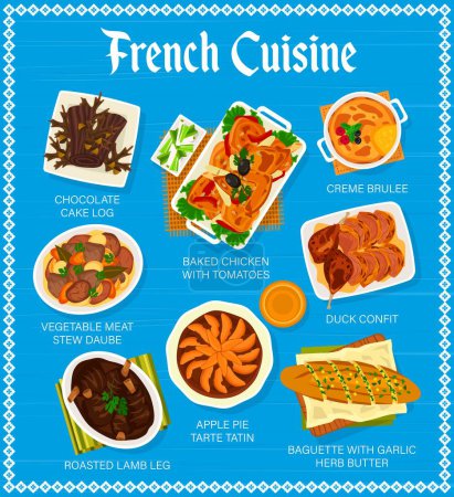 Illustration for French cuisine menu page design. Creme brulee, chocolate cake log and baked chicken, duck confit, vegetable meat stew Daube and pie Tarte Tatin, roasted lamb leg, baguette with garlic herb butter - Royalty Free Image