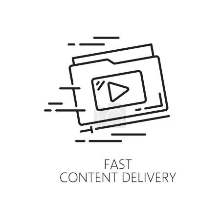 Illustration for Fast content delivery. CDN. Content delivery network icon, media file upload and update web service, CDN linear vector icon or pictogram with fast moving computer folder containing media files - Royalty Free Image