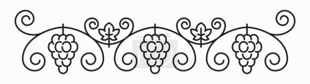 Illustration for Wine decor ornament frame, bunch of grape on stem, vineyard swirls and leaves, clusters outline icon. Vector organic ripe berries, vine border ornament - Royalty Free Image