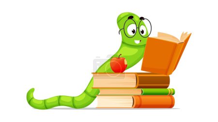 Illustration for Cartoon bookworm character, book worm animal engrossed in reading books while a bitten apple nearby waiting to be devoured. Isolated vector adorable caterpillar wear big eyeglasses reader personage - Royalty Free Image