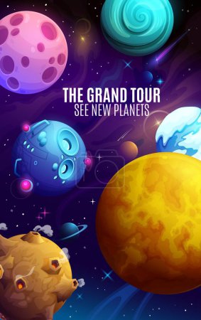 Illustration for Cartoon galaxy space planets poster with fantasy alien UFO spaceship, vector galactic world. Space tour, galaxy exploration and extraterrestrial spaceflight poster for kids with fantasy planet craters - Royalty Free Image