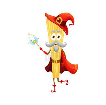 Illustration for Cartoon Halloween italian pasta wizard character. Isolated vector linguine whimsical macaroni personage with magic wand, red pointed hat or cape, grey curly mustaches, and spaghetti body - Royalty Free Image