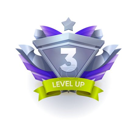 Level up game badge, rank or bonus award medal with star, vector UI trophy icon. 3 level up badge with ribbon and wings, video game arcade next level achievement or gamer rank badge for GUI button