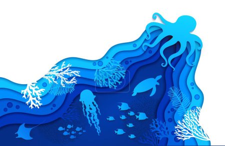 Underwater paper cut silhouette landscape, octopus and seaweeds, fish shoal and stingray in vector papercut. Undersea turtle and corals with tropical fish, turtle and jellyfish in paper cut out layers