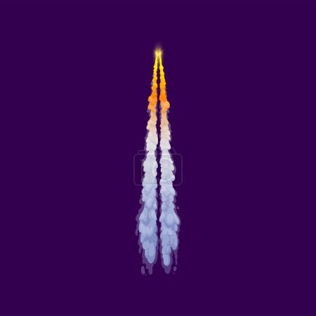 Ilustración de Rastro de humo de cohete de dibujos animados con fuego de chorro y nubes de vapor. Nave espacial vectorial o lanzadera lanzacohetes lanzadera con llama, humo blanco y pistas de vapor. Huella de misiles de despegue vertical - Imagen libre de derechos