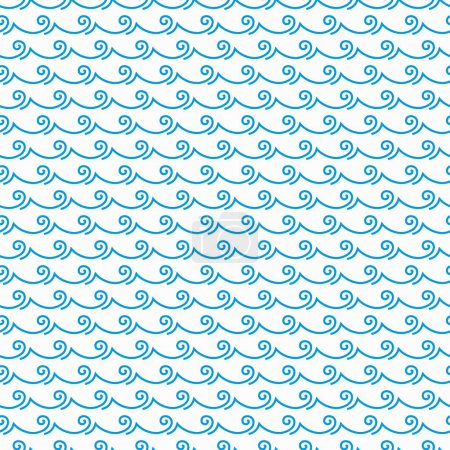 Téléchargez les illustrations : Mer et océan vagues ligne bleue motif sans couture. Fond d'écran motif nautique, tissu marine vecteur fond sans couture ou papier d'emballage maritime fond ondulé. Impression d'été textile avec vague bouclée bleue - en licence libre de droit
