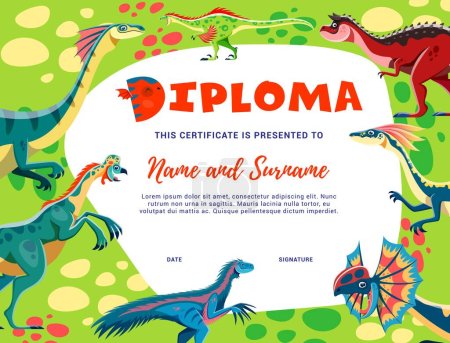 Illustration for Kids diploma. Cartoon dinosaur characters vector certificate of children education. Graduation diploma, certificate or winner award with background frame of therizinosaurus, raptor, oviraptor dinos - Royalty Free Image