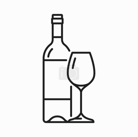 Téléchargez les illustrations : Boisson de vin et verre icône de contour isolé. Produit vinicole vectoriel, boisson alcoolisée semi-sucrée merlot. Bouteille en verre, boisson bordeaux et gobelet - en licence libre de droit