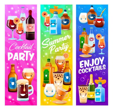 Illustration for Cartoon drink and cocktail characters. Pub cocktail, cafe alcohol beverage vector horizontal banner with wine, tequila, cognac and beer, whiskey bottle, coffee and tea drink cheerful personages - Royalty Free Image