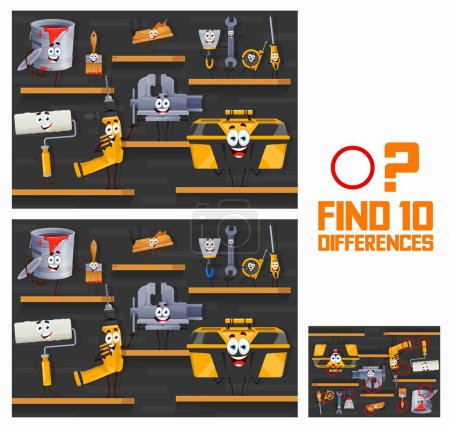 Illustration for Find ten differences of cartoon repair and DIY work tool characters, vector puzzle worksheet. Kids quiz game to find ten different work tools of screwdriver, toolbox and drill with wrench and plane - Royalty Free Image