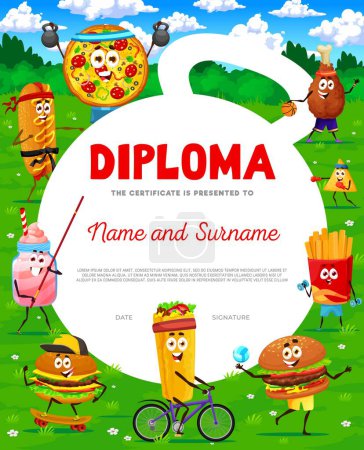 Illustration for Kids diploma. Cartoon fastfood characters on sport vacation. School education vector award or diploma with pizza, hotdog, smoothie and hamburger, french fries, nachos funny personages doing sports - Royalty Free Image