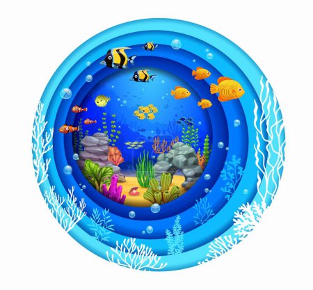 Illustration for Cartoon tropical fish shoal, seaweeds and corals in sea paper cut, vector landscape background. Undersea coral reef fishes and seashell in paper cut water layers or underwater landscape in 3d cutout - Royalty Free Image