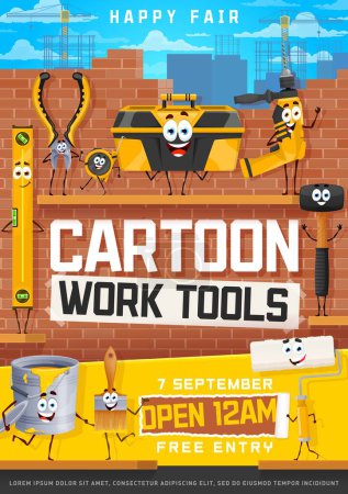 Illustration for Kids party flyer, cartoon work and DIY tools characters, entertainment event vector poster. Kindergarten or school party invitation flyer with funny cartoon hammer, saw and toolbox or carpentry tools - Royalty Free Image