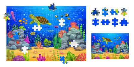 Illustration for Jigsaw puzzle, underwater landscape pieces of cartoon sea animals and fish, vector seaweeds and corals. Kids jigsaw puzzle to match piece of undersea world fishes, turtle and starfish with jellyfish - Royalty Free Image