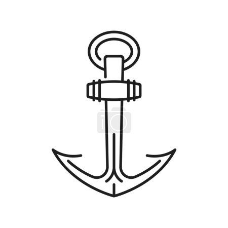 Illustration for Nautical travel vessel anchor thin line icon. Sailing ship metal anchor outline sign, marine cruise yacht iron hook or yachting club boat heavy equipment, sea travel line vector pictogram or icon - Royalty Free Image