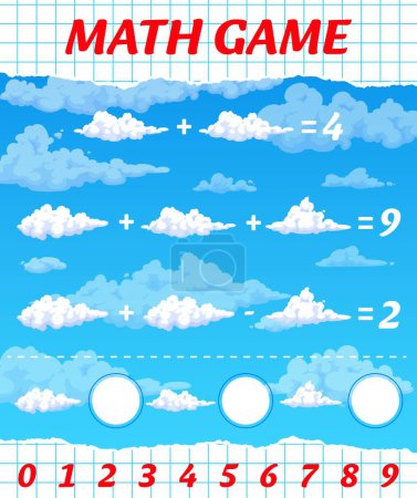 Illustration for Math game worksheet, cartoon fluffy white clouds, vector mathematics quiz for kids. Fluffy clouds in sky to count, calculation equation puzzle worksheet for children education in mathematics - Royalty Free Image