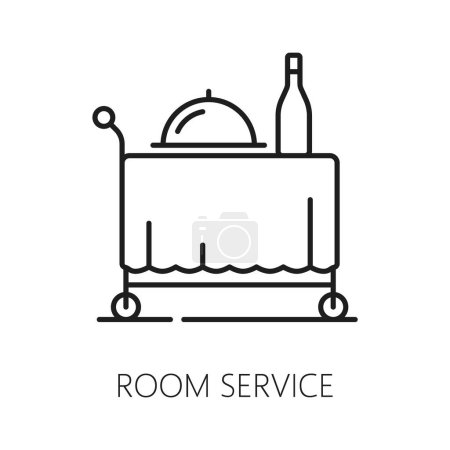 Illustration for Hotel room service trolley isolated thin line icon. Vector gourmet dinner with cloche and drink in bottle, restaurant food snack, lunch order in motel - Royalty Free Image
