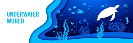 Illustration for Underwater paper cut landscape, sea turtle, seaweeds and fish shoal in vector papercut. Undersea world in paper cutout layers of ocean or sea waves with turtle, seahorse and dolphins silhouette - Royalty Free Image