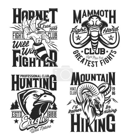 Illustration for Sport club mascots and t-shirt prints. Angry hornet, mammoth, eagle and mountain sheep ram and retro typography on fighting, hunting and hiking club vector emblem, symbol or clothing custom print - Royalty Free Image