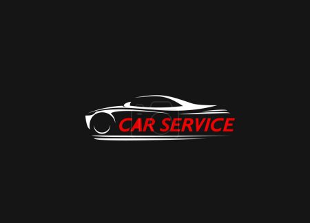 Illustration for Car service, auto spare parts shop icon. Vehicle repair and maintenance service, car mechanic workshop or garage station vector symbol or icon with luxury sport car white silhouette and typography - Royalty Free Image