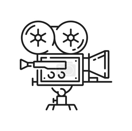 Téléchargez les illustrations : Vieux projecteur de film caméra rétro isolée avec bobines fine icône de ligne. Symbole de film vintage vectoriel. Rétro appareil photo, réalisation de film caméra cinématographique - en licence libre de droit