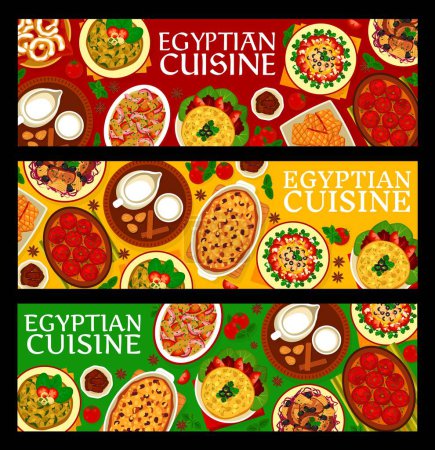 Téléchargez les illustrations : Cuisine égyptienne plats bannières horizontales avec des plats traditionnels et des repas, vecteur. Menu de restaurant de cuisine égyptienne avec déjeuner et dîner traditionnels, viande d'agneau avec artichauts et salade de thon poivre - en licence libre de droit