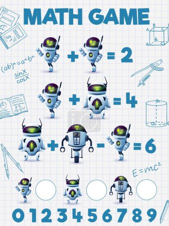 Ilustración de Robots de dibujos animados y droides, juego de matemáticas cuestionario hoja de trabajo o rompecabezas de vectores para niños. Robots Android y personajes androides robóticos AI en el juego de matemáticas para sumar y restar habilidades de conteo o examen de juego de matemáticas - Imagen libre de derechos