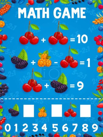 Illustration for Cartoon berries, math game worksheet or kids quiz with berry characters, vector puzzle. Cherry, blackberry or cloudberry berries in kids math game for addition and subtraction counting skills - Royalty Free Image