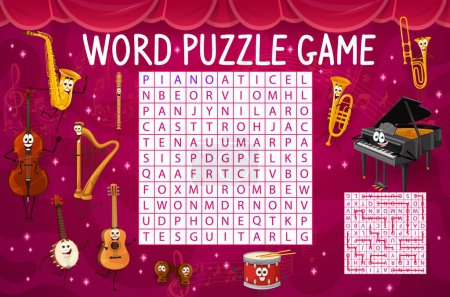 Illustration for Cartoon musical instrument characters word search puzzle game. Vector worksheet of kids word maze or game quiz with cute guitar, piano, saxophone, drum, banjo and violin, jazz orchestra personages - Royalty Free Image