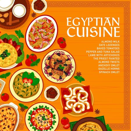 Illustration for Egyptian cuisine menu cover, Arabic food dishes and meals, vector poster. Egyptian cuisine restaurant lunch and dinner menu with anchovy omelet, pepper and tuna salad, baked tomatoes and almond twists - Royalty Free Image