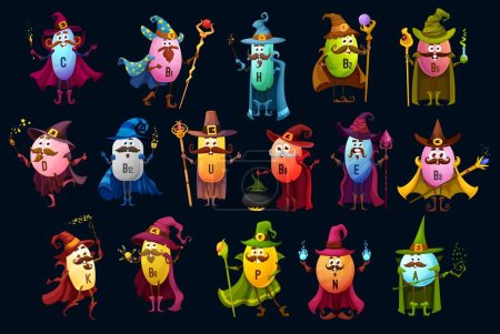Illustration for Cartoon vitamin wizards, mages and sorcerers characters. Vector B5, U and C, B12 and E. P, N, B1, A and H with D, K and B6 magician personages wear witch hat, cape, holding wands or staff - Royalty Free Image