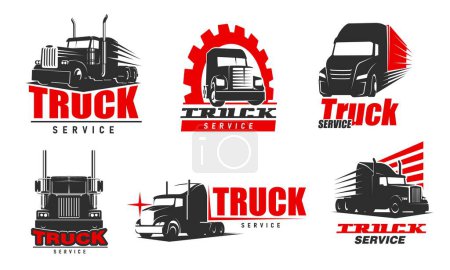Illustration for Truck service icons. Industrial transportation, repair and maintenance service, vehicle spare parts shop or automobile mechanic workshop vector icon with classic american semi truck - Royalty Free Image
