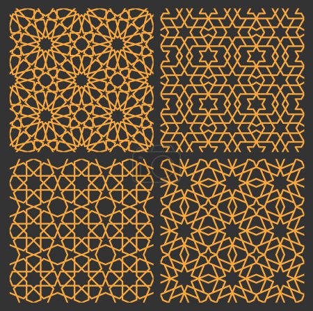 Illustration for Mashrabiya arabesque or Arabic patterns, seamless Islamic backgrounds, vector mash tiles. Mashrabiya patterns of Arab mosque window or Islamic wall ornament of mosaic lattice geometric decoration - Royalty Free Image