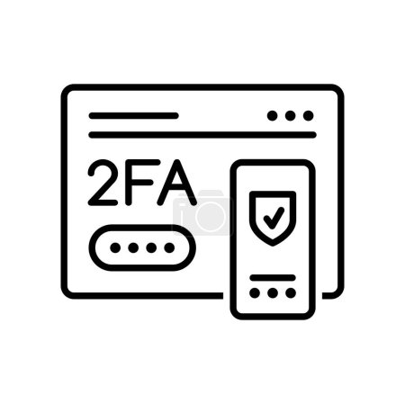 Téléchargez les illustrations : Icône 2FA. Mot de passe de vérification à deux facteurs et connexion sur contour vectoriel téléphone portable et écran d'ordinateur avec code d'authentification et symbole de bouclier de sécurité Internet, vérification en ligne en deux étapes - en licence libre de droit