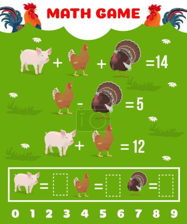 Illustration for Cartoon farm animals, math game worksheet quiz, vector education puzzle. Kids math quiz of equations with farm pig, chicken and turkey for mathematics addition, subtraction and count skill practice - Royalty Free Image