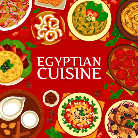 Illustration for Egyptian cuisine menu cover, Egypt food dishes and Arabic meals, vector. Egyptian cuisine restaurant menu with almond milk and twists, priest fainted and lamb with artichokes or spinach omelet - Royalty Free Image