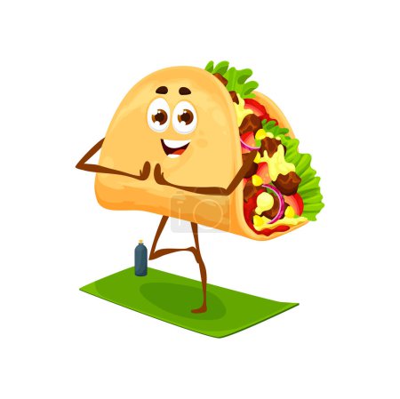 Illustration for Cartoon mexican taco character on yoga, pilates or fitness sport. Cute tex-mex food vector personage of funny corn tortilla doing yoga asana or pose with exercise mat. Happy smiling taco emoji - Royalty Free Image