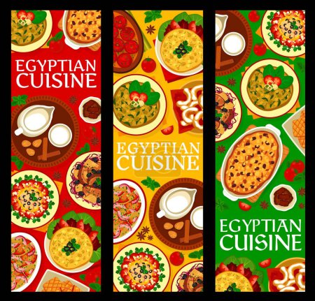 Téléchargez les illustrations : Cuisine égyptienne bannières verticales, menu de plats égyptiens et repas traditionnels, vecteur. Menu de restaurant de cuisine égyptienne, omelette d'épinards avec salade de poivre et thon, lait d'amande et pastilles de dattes - en licence libre de droit